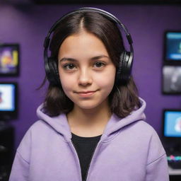 Disney Pixar cartoon-style image of a young, medium-skinned girl with dark brown eyes and straight-wavy dark hair parted in the middle, wearing a half-black half-white hoodie and black gaming headphones in a purple gaming room.