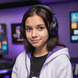 Disney Pixar cartoon-style image of a young, medium-skinned girl with dark brown eyes and straight-wavy dark hair parted in the middle, wearing a half-black half-white hoodie and black gaming headphones in a purple gaming room.