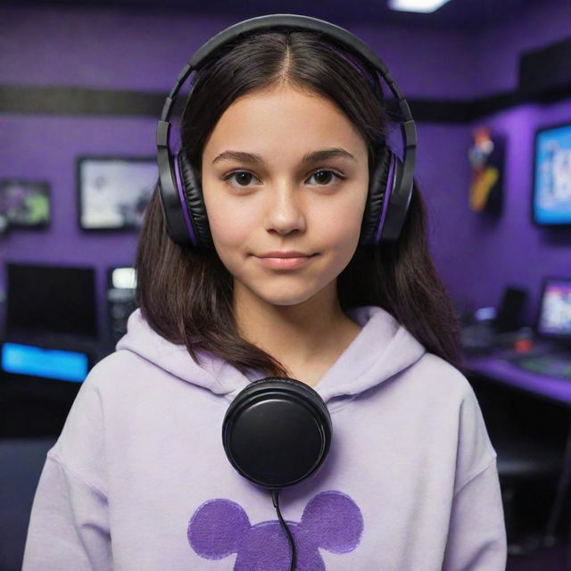 Disney Pixar cartoon-style image of a young, medium-skinned girl with dark brown eyes and straight-wavy dark hair parted in the middle, wearing a half-black half-white hoodie and black gaming headphones in a purple gaming room.