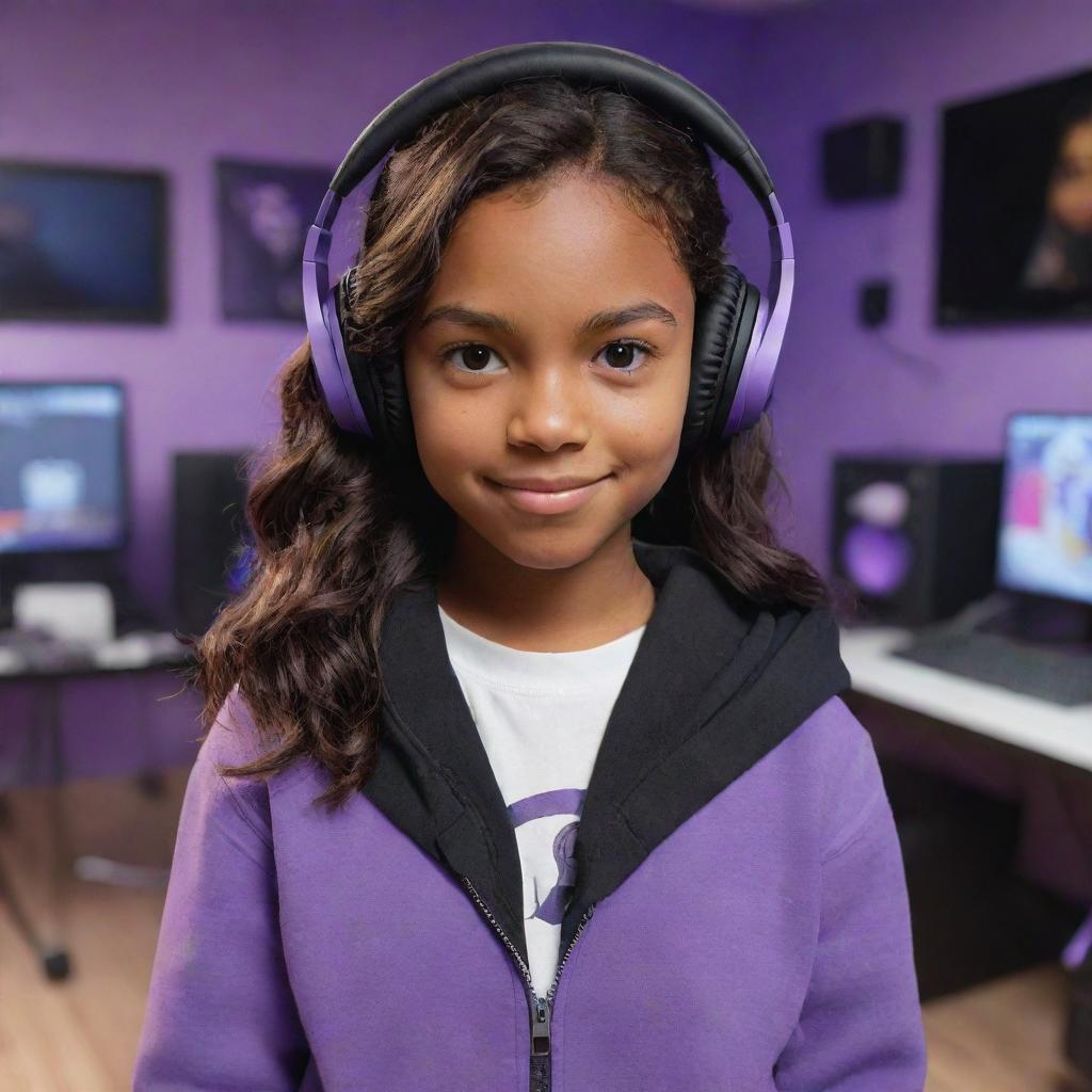 Disney Pixar cartoon design of a young girl with brown skin, dark brown eyes, and dark wavy hair parted in the middle, dressed in a half black, half white hoodie, wearing black gaming headphones, in a purple gaming room.