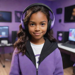 Disney Pixar cartoon design of a young girl with brown skin, dark brown eyes, and dark wavy hair parted in the middle, dressed in a half black, half white hoodie, wearing black gaming headphones, in a purple gaming room.