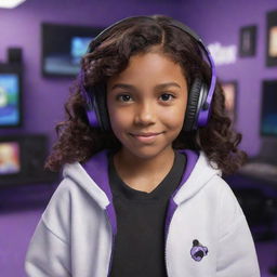 Disney Pixar cartoon design of a young girl with brown skin, dark brown eyes, and dark wavy hair parted in the middle, dressed in a half black, half white hoodie, wearing black gaming headphones, in a purple gaming room.