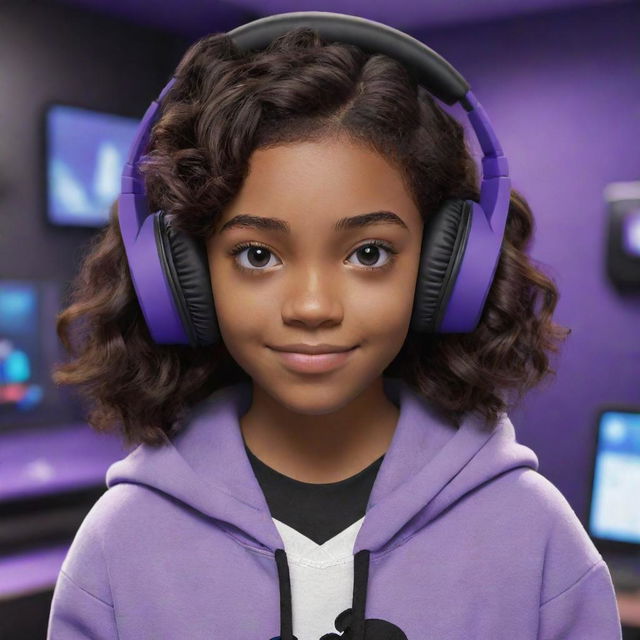 Disney Pixar cartoon design of a young girl with brown skin, dark brown eyes, and dark wavy hair parted in the middle, dressed in a half black, half white hoodie, wearing black gaming headphones, in a purple gaming room.