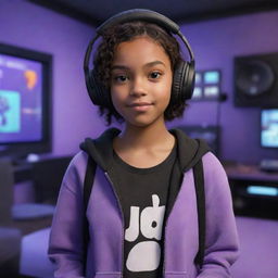 Disney Pixar cartoon design of a young girl with brown skin, dark brown eyes, and dark wavy hair parted in the middle, dressed in a half black, half white hoodie, wearing black gaming headphones, in a purple gaming room.