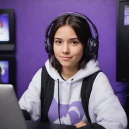 Disney Pixar style cartoon of a young adult female with medium skin tone, dark brown eyes, and dark half-wavy, half-straight hair parted in the middle. She is wearing a half-black, half-white hoodie, a black gaming headset, in a purple gaming room, actively playing on a computer.