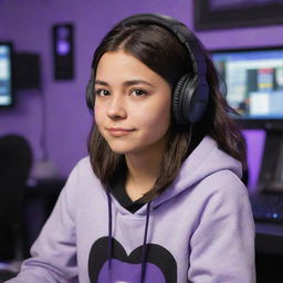 Disney Pixar style cartoon of a young adult female with medium skin tone, dark brown eyes, and dark half-wavy, half-straight hair parted in the middle. She is wearing a half-black, half-white hoodie, a black gaming headset, in a purple gaming room, actively playing on a computer.