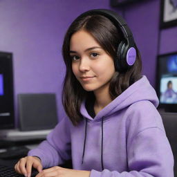 Disney Pixar style cartoon of a young adult female with medium skin tone, dark brown eyes, and dark half-wavy, half-straight hair parted in the middle. She is wearing a half-black, half-white hoodie, a black gaming headset, in a purple gaming room, actively playing on a computer.