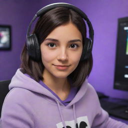 Disney Pixar style cartoon of a young adult female with medium skin tone, dark brown eyes, and dark half-wavy, half-straight hair parted in the middle. She is wearing a half-black, half-white hoodie, a black gaming headset, in a purple gaming room, actively playing on a computer.