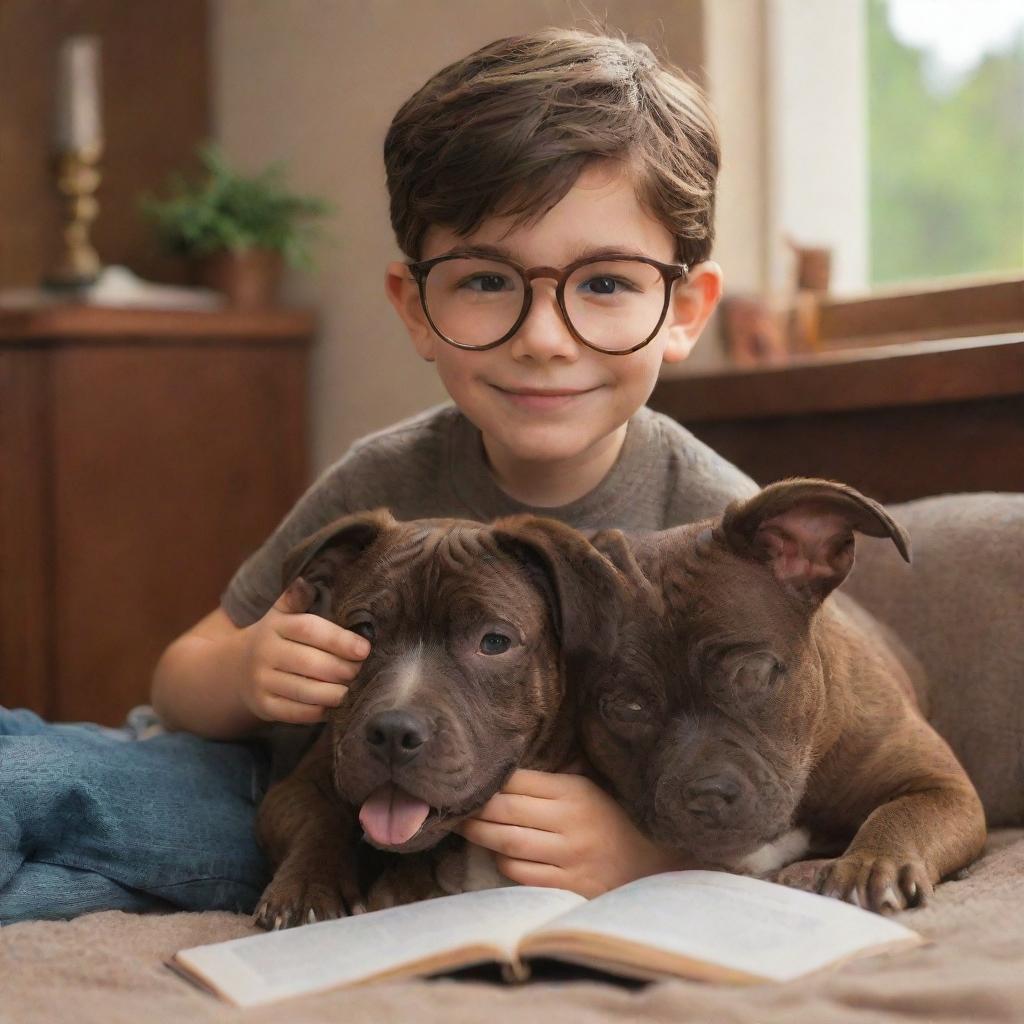 A Disney-Pixar inspired image of a brunette boy with glasses enjoying a cozy setting with his brown brindle pitbull puppy.