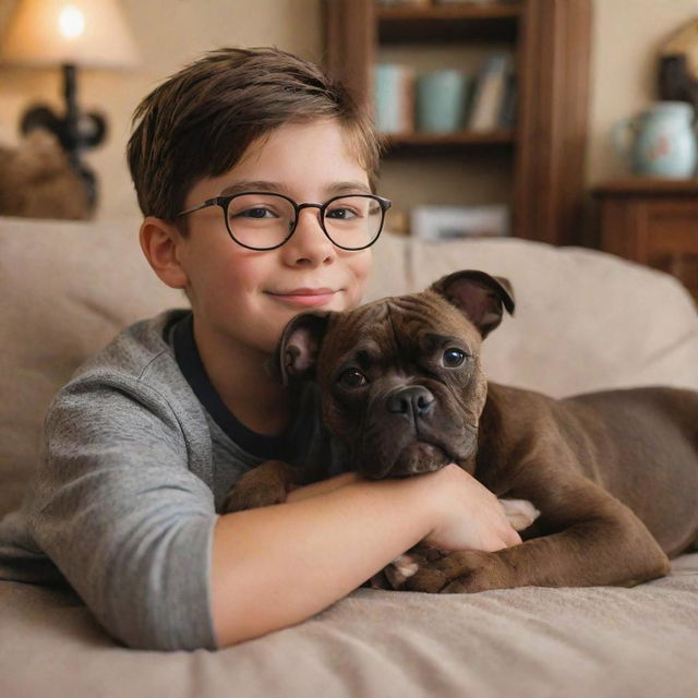 A Disney-Pixar inspired image of a brunette boy with glasses enjoying a cozy setting with his brown brindle pitbull puppy.