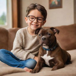 A Disney-Pixar inspired image of a brunette boy with glasses enjoying a cozy setting with his brown brindle pitbull puppy.