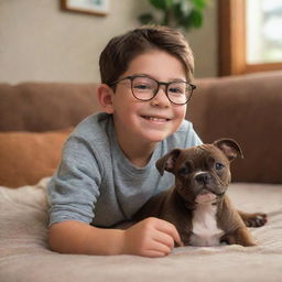 A Disney-Pixar inspired image of a brunette boy with glasses enjoying a cozy setting with his brown brindle pitbull puppy.