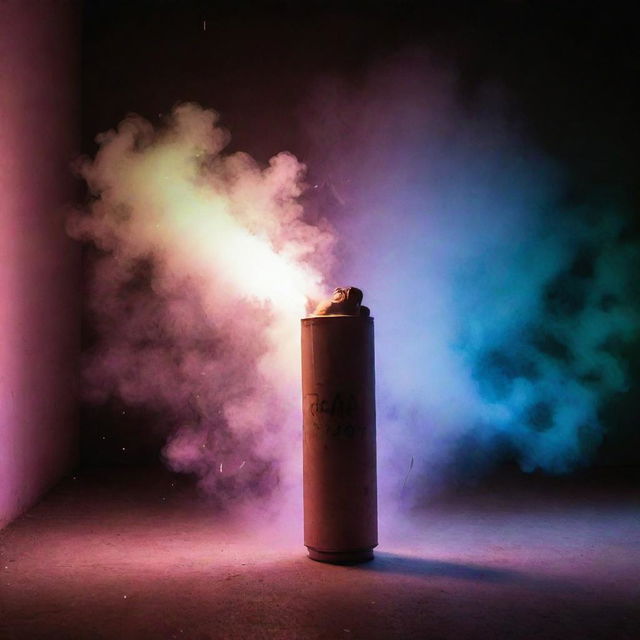 A tear gas canister soaring through air against a background consisting of radiant fluorescent patterns