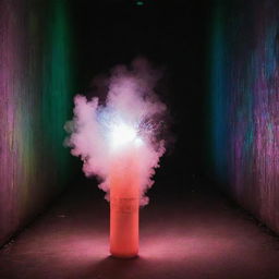 A tear gas canister soaring through air against a background consisting of radiant fluorescent patterns