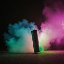 A tear gas canister soaring through air against a background consisting of radiant fluorescent patterns