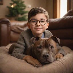 A Pixar-inspired image of a young brunette boy with glasses and his brown brindle pitbull puppy in a cozy, warm setting.