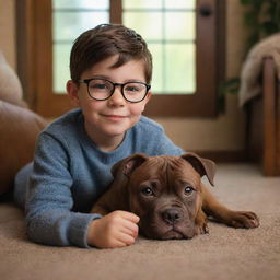 A Pixar-inspired image of a young brunette boy with glasses and his brown brindle pitbull puppy in a cozy, warm setting.