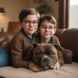 A Pixar-inspired image of a young brunette boy with glasses and his brown brindle pitbull puppy in a cozy, warm setting.