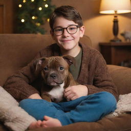 A Pixar-inspired image of a young brunette boy with glasses and his brown brindle pitbull puppy in a cozy, warm setting.