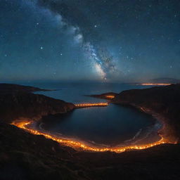 A starry night landscape with tiny, intensely glowing fires dubbed 'Our Sea of Little Fires'