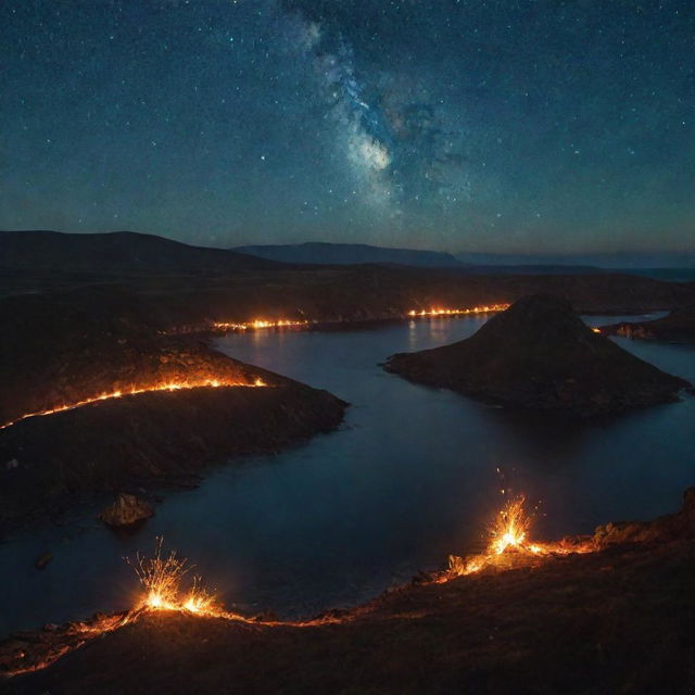 A starry night landscape with tiny, intensely glowing fires dubbed 'Our Sea of Little Fires'