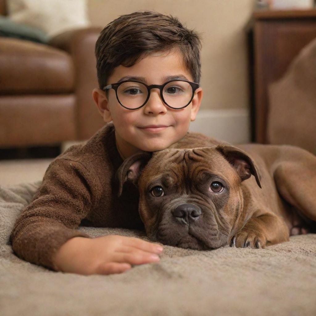 A Disney-Pixar style image of a young Latin brunette boy with glasses, along with his brown brindle pitbull puppy, nestled in a cozy environment.