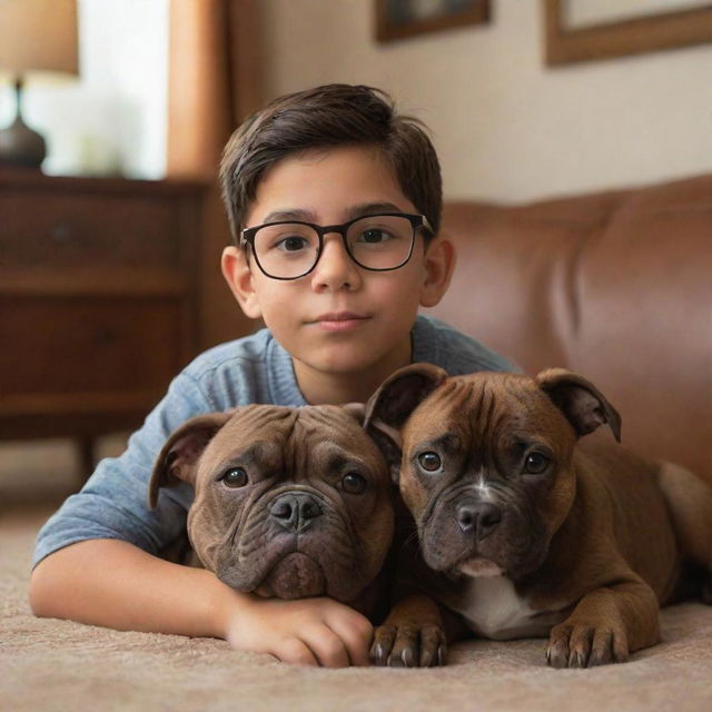 A Disney-Pixar style image of a young Latin brunette boy with glasses, along with his brown brindle pitbull puppy, nestled in a cozy environment.