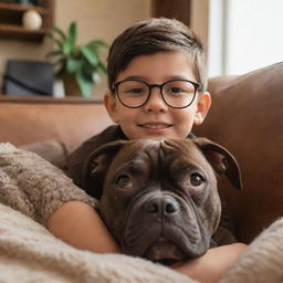 A Disney-Pixar style image of a young Latin brunette boy with glasses, along with his brown brindle pitbull puppy, nestled in a cozy environment.