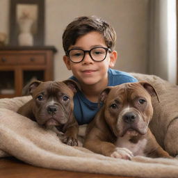 A Disney-Pixar style image of a young Latin brunette boy with glasses, along with his brown brindle pitbull puppy, nestled in a cozy environment.