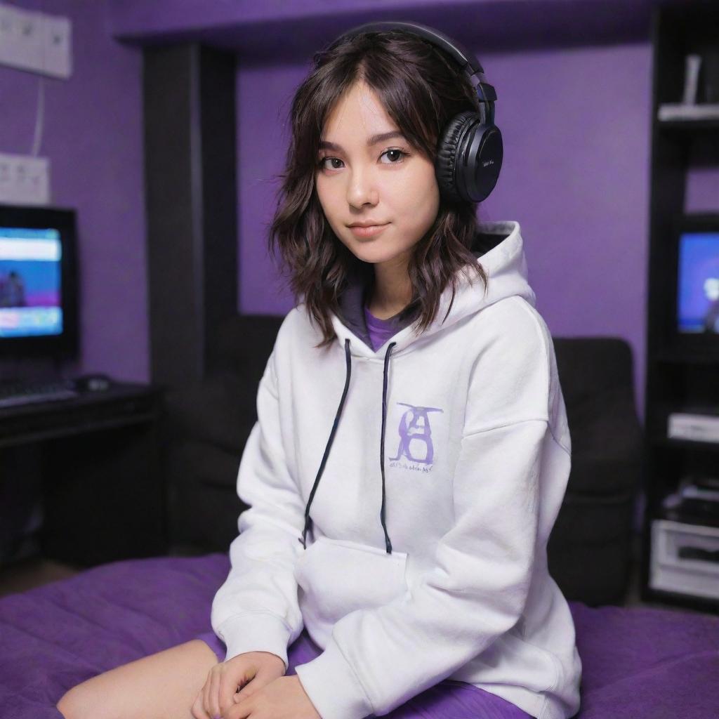 Anime girl in Ghibli style, with tan skin, dark brown eyes, dark wavy hair parted in the middle, wearing a half black half white hoodie, with black gaming headphones, sitting in a purple gamer room.