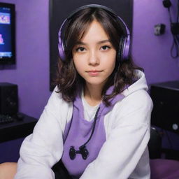 Anime girl in Ghibli style, with tan skin, dark brown eyes, dark wavy hair parted in the middle, wearing a half black half white hoodie, with black gaming headphones, sitting in a purple gamer room.