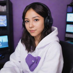 Anime girl in Ghibli style, with tan skin, dark brown eyes, dark wavy hair parted in the middle, wearing a half black half white hoodie, with black gaming headphones, sitting in a purple gamer room.