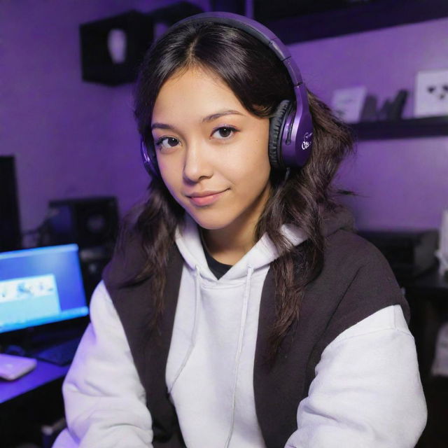 Anime girl in Ghibli style, with tan skin, dark brown eyes, dark wavy hair parted in the middle, wearing a half black half white hoodie, with black gaming headphones, sitting in a purple gamer room.