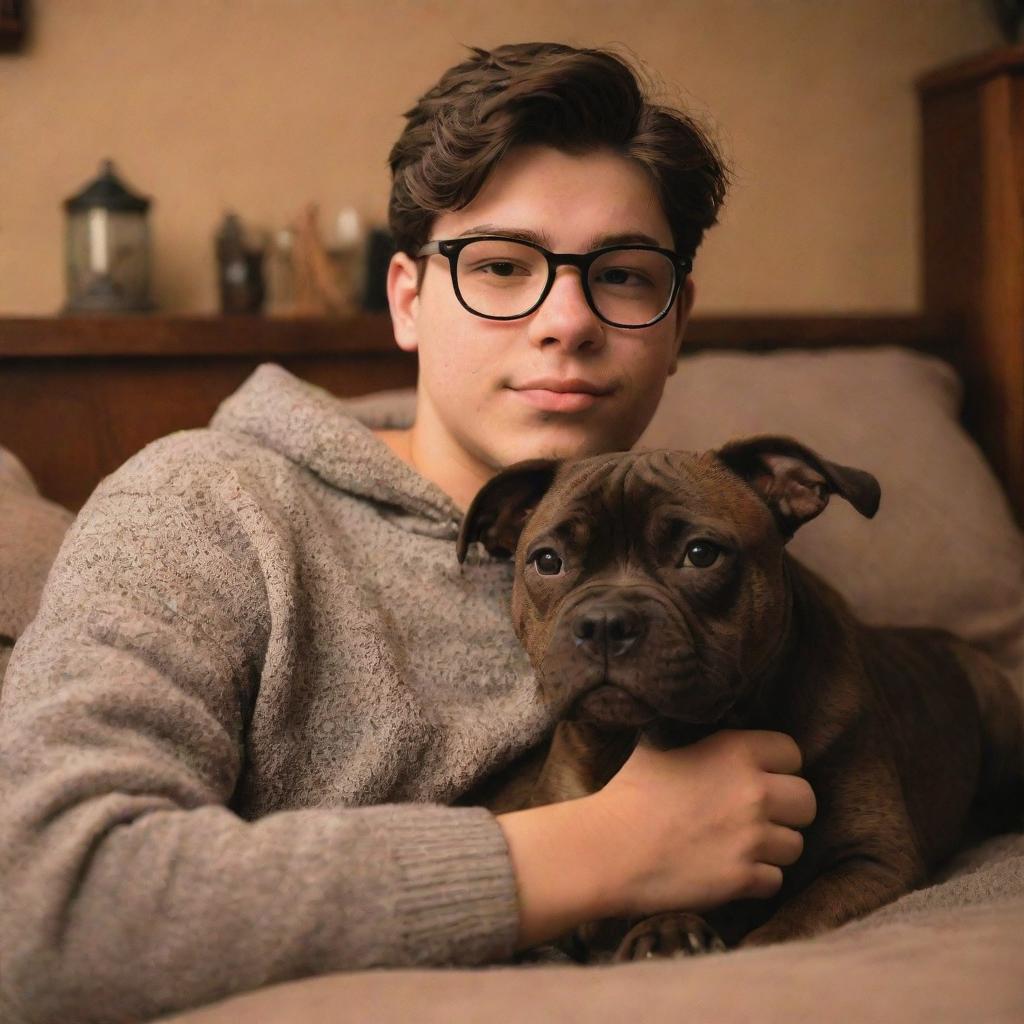 A Pixar-inspired image of a Latin brunette teenage boy with glasses cuddling with his brown brindle pitbull puppy in a cozy, warm ambiance.