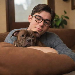 A Pixar-inspired image of a Latin brunette teenage boy with glasses cuddling with his brown brindle pitbull puppy in a cozy, warm ambiance.