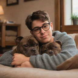 A Pixar-inspired image of a Latin brunette teenage boy with glasses cuddling with his brown brindle pitbull puppy in a cozy, warm ambiance.