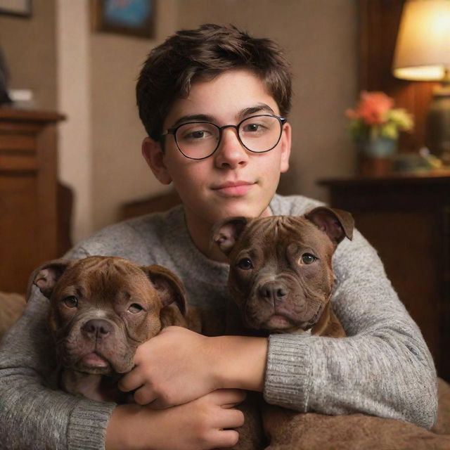 A Pixar-inspired image of a Latin brunette teenage boy with glasses cuddling with his brown brindle pitbull puppy in a cozy, warm ambiance.