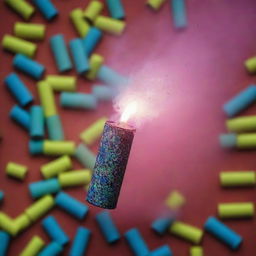 A tear gas canister in flight against an intriguing, fluorescent background showcasing a variety of mosaic patterns