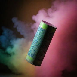 A tear gas canister in flight against an intriguing, fluorescent background showcasing a variety of mosaic patterns