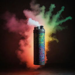 A tear gas canister in flight against an intriguing, fluorescent background showcasing a variety of mosaic patterns