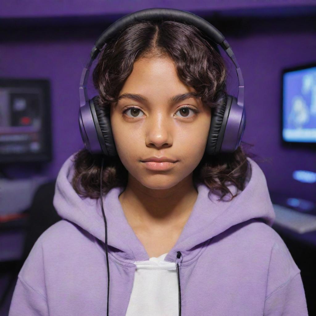 Studio Ghibli style animated character, a young, brown-skinned individual with dark brown eyes and wavy, middle-parted dark hair. She's wearing a half-black, half-white hoodie, black gaming headphones, in a purple gaming room.