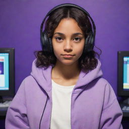 Studio Ghibli style animated character, a young, brown-skinned individual with dark brown eyes and wavy, middle-parted dark hair. She's wearing a half-black, half-white hoodie, black gaming headphones, in a purple gaming room.