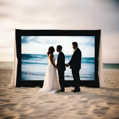 The couple took a stroll on the beach, with the screen of their favorite romantic movie projected on a white sheet.
