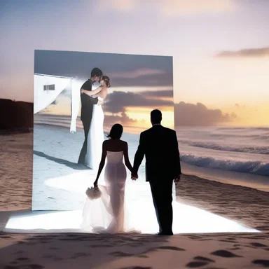 The couple took a stroll on the beach, with the screen of their favorite romantic movie projected on a white sheet.