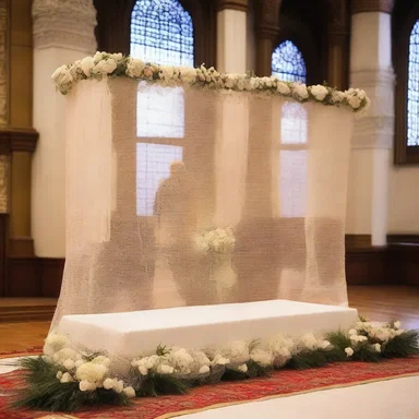 During the religious ceremony, a screen was placed in front of the altar, adorned with beautiful netting.