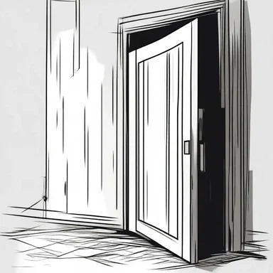 As the protagonist slowly approached the mysterious door, they noticed a torn screen hanging in front, creating a sense of foreboding.