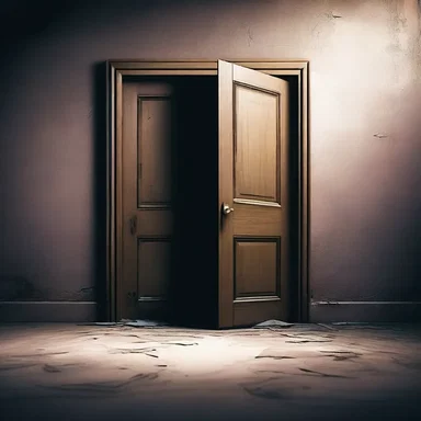 As the protagonist slowly approached the mysterious door, they noticed a torn screen hanging in front, creating a sense of foreboding.