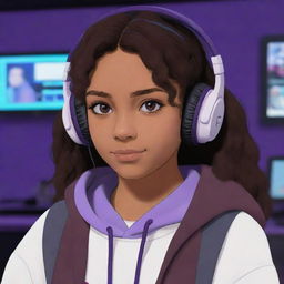 Studio Ghibli style animated character, a young, brown-skinned individual with dark brown eyes and wavy, middle-parted dark hair. She's wearing a half-black, half-white hoodie, black gaming headphones, in a purple gaming room.