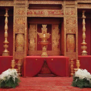 During the religious ceremony, a decorated screen was placed in front of the altar as a symbol of divinity and protection.