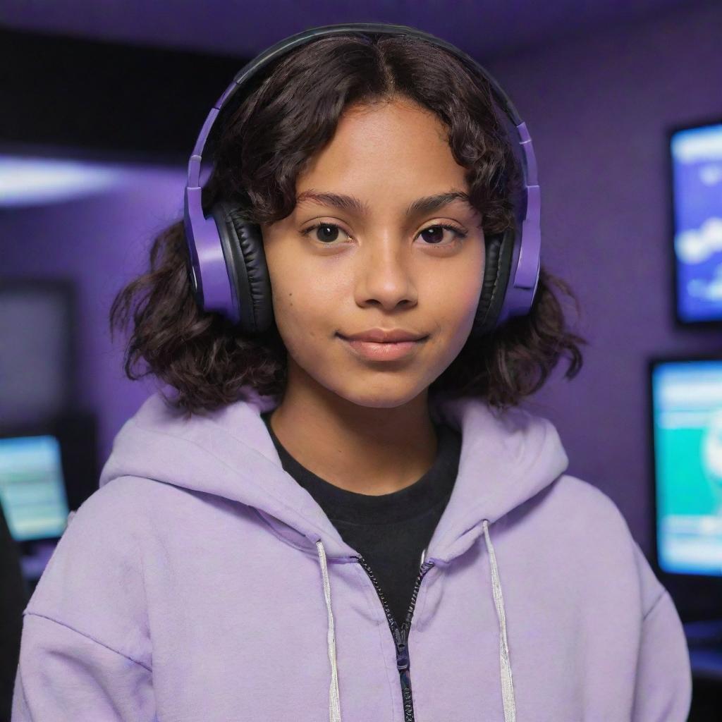 Studio Ghibli style animated character, a young, brown-skinned individual with dark brown eyes and wavy, middle-parted dark hair. She's wearing a half-black, half-white hoodie, black gaming headphones, in a purple gaming room.